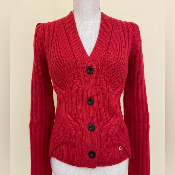 Gucci Sweaters - Gucci Chunky Alpaca Wool Blend Red Cardigan Cable Knit Sweater Made in Italy